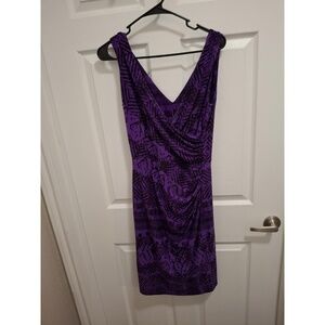 3/$15‎ Lauren Ralph Lauren Size 4 Purple Abstract Stretch Ruched Sheath Dress